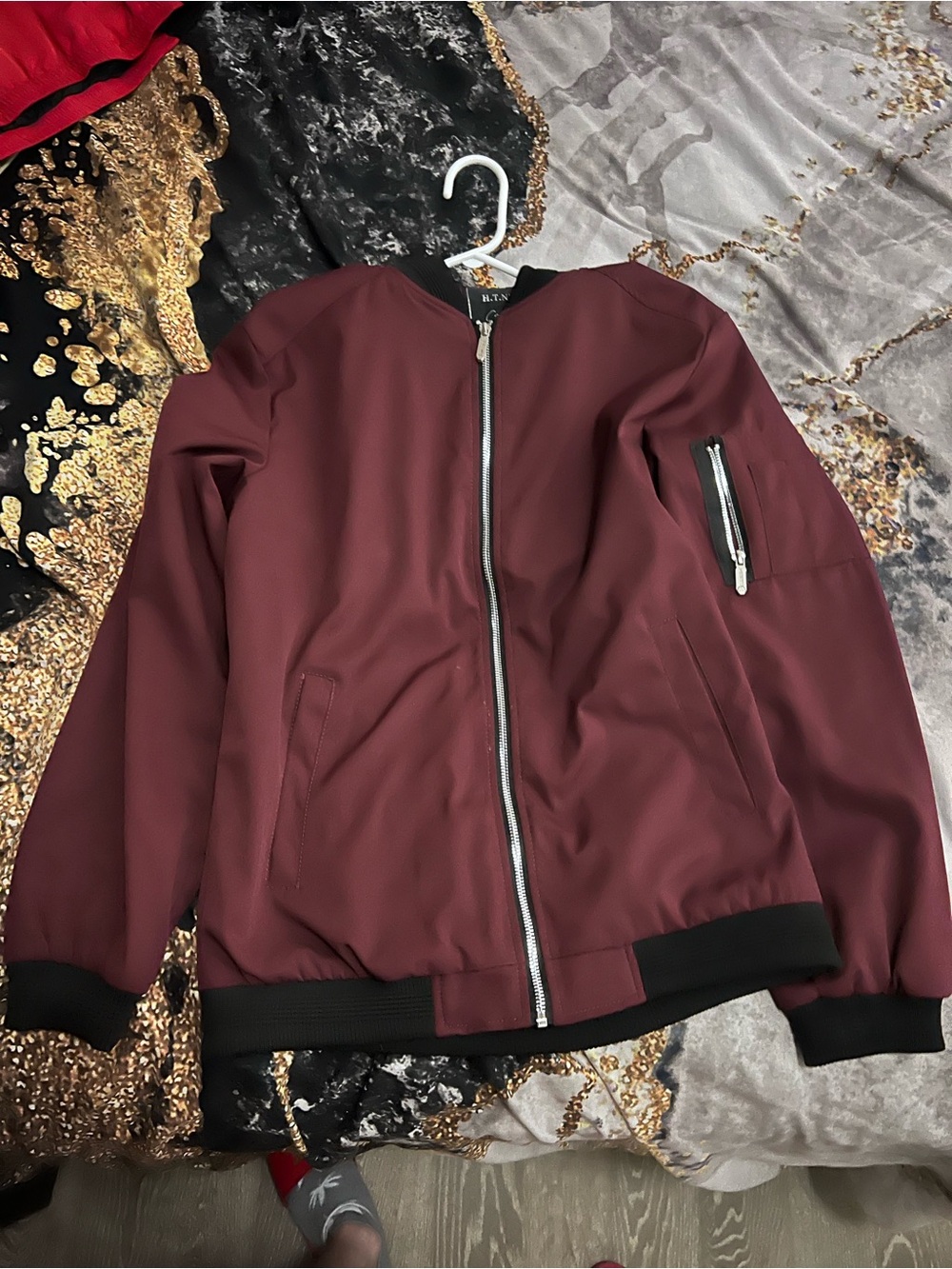 Men's Maroon Bomber Jacket with Zip Front
